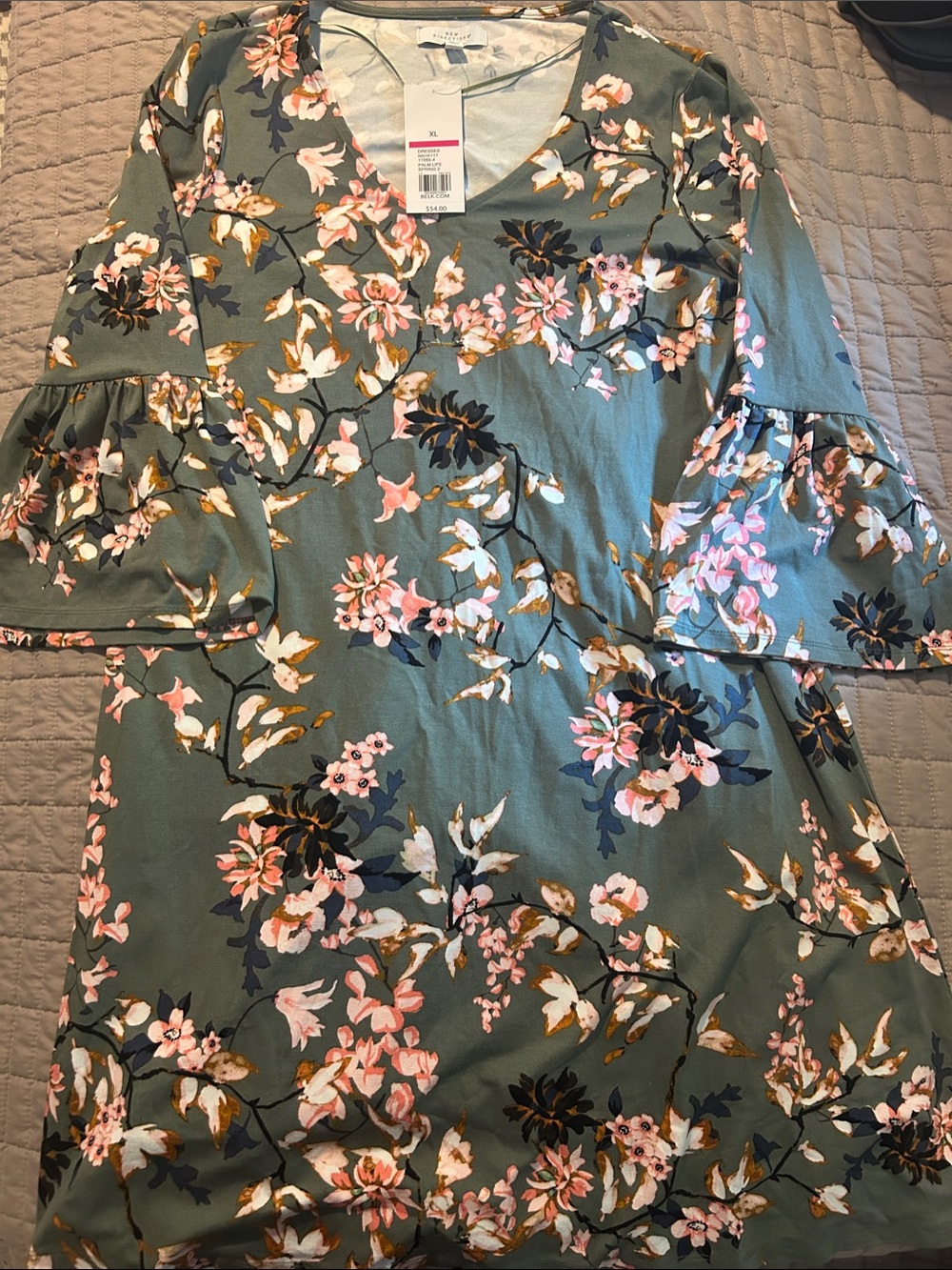 New Directions Short Dress 3/4 Length Flared Sleeves Sage Floral Print XL